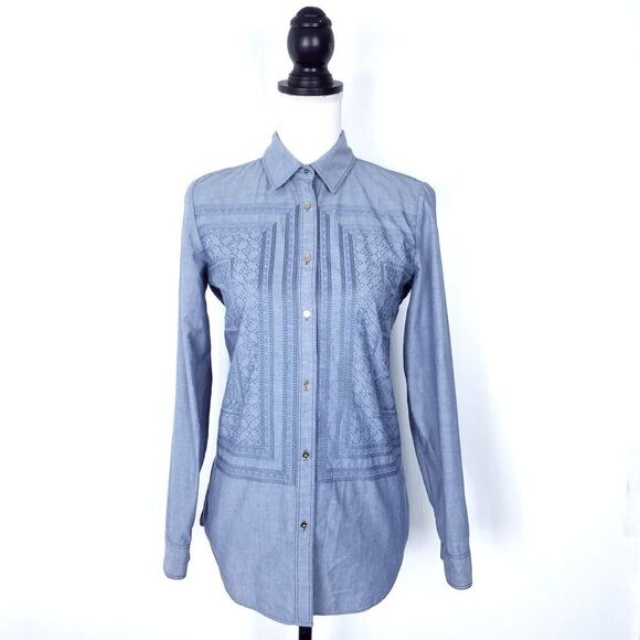 Per Se By Carlisle Blue Embroidered Button Down Blouse Long Sleeve Cotton Size 2 - Picture 1 of 8